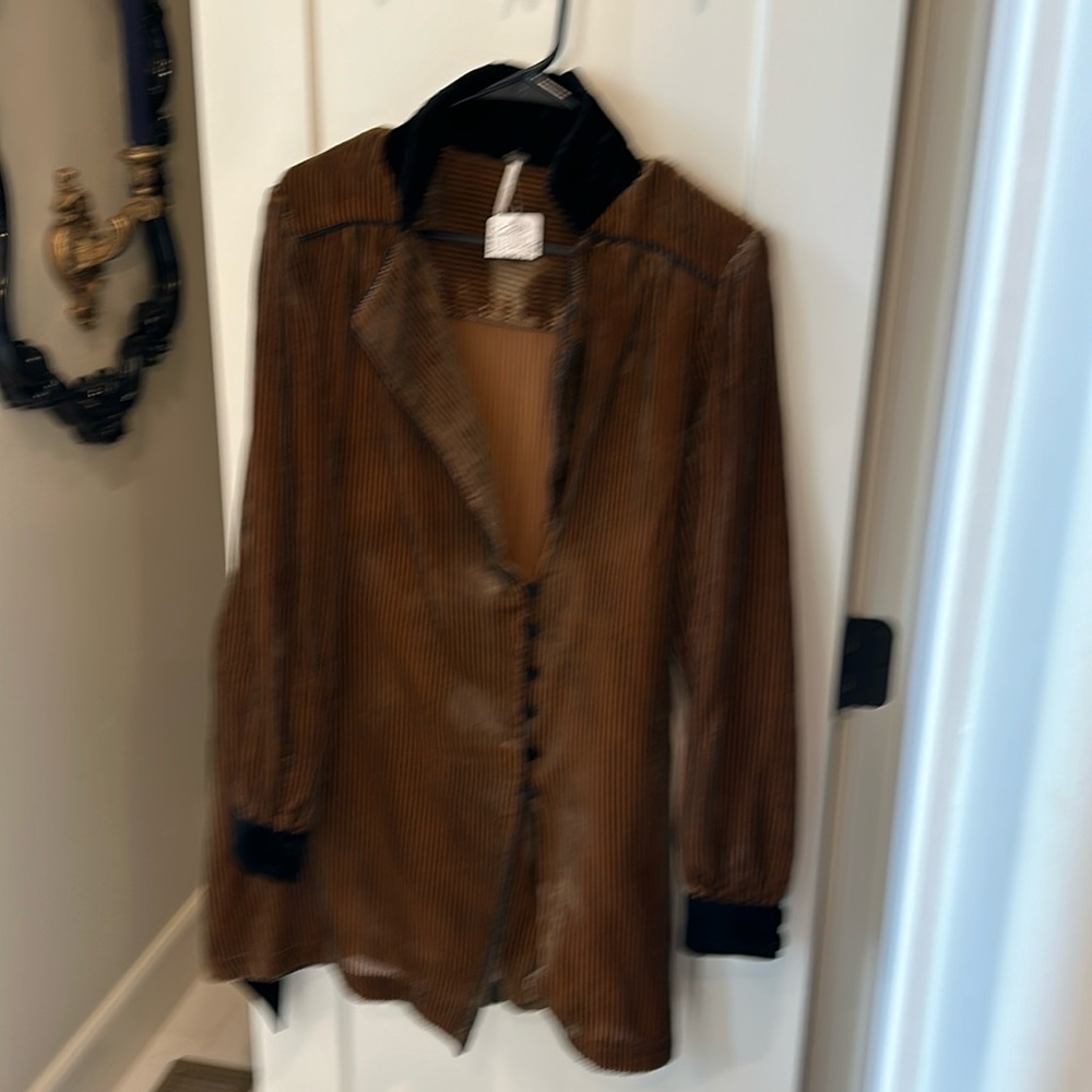 Free people shear brown with black velvet collar cuff and belt dress
